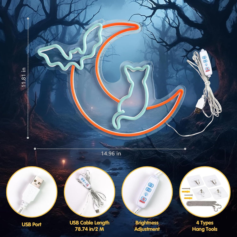 Halloween Neon Sign Wall Decor - Moon&Bat&Cat Themed Halloween LED Li...