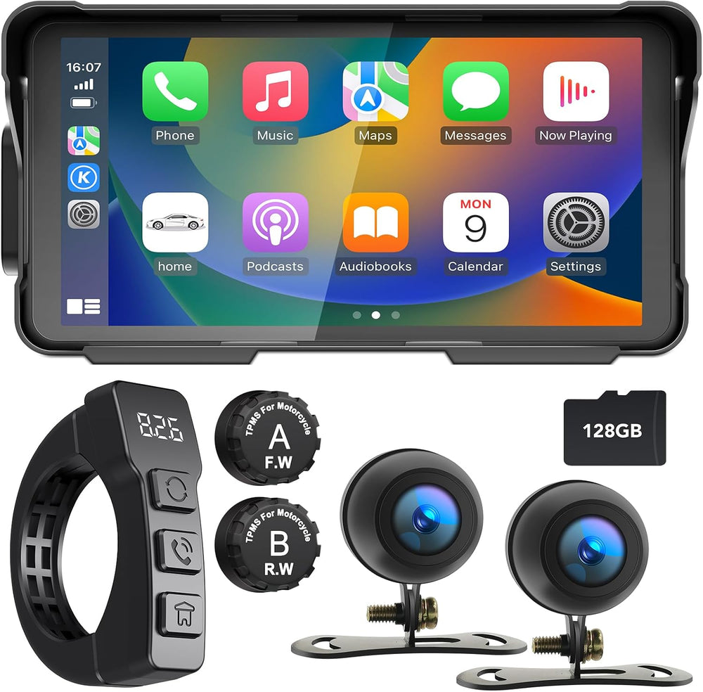 Motorcycle Carplay (Includes 128G SD Card) with Dual Cameras, TPMS, 5.5"...