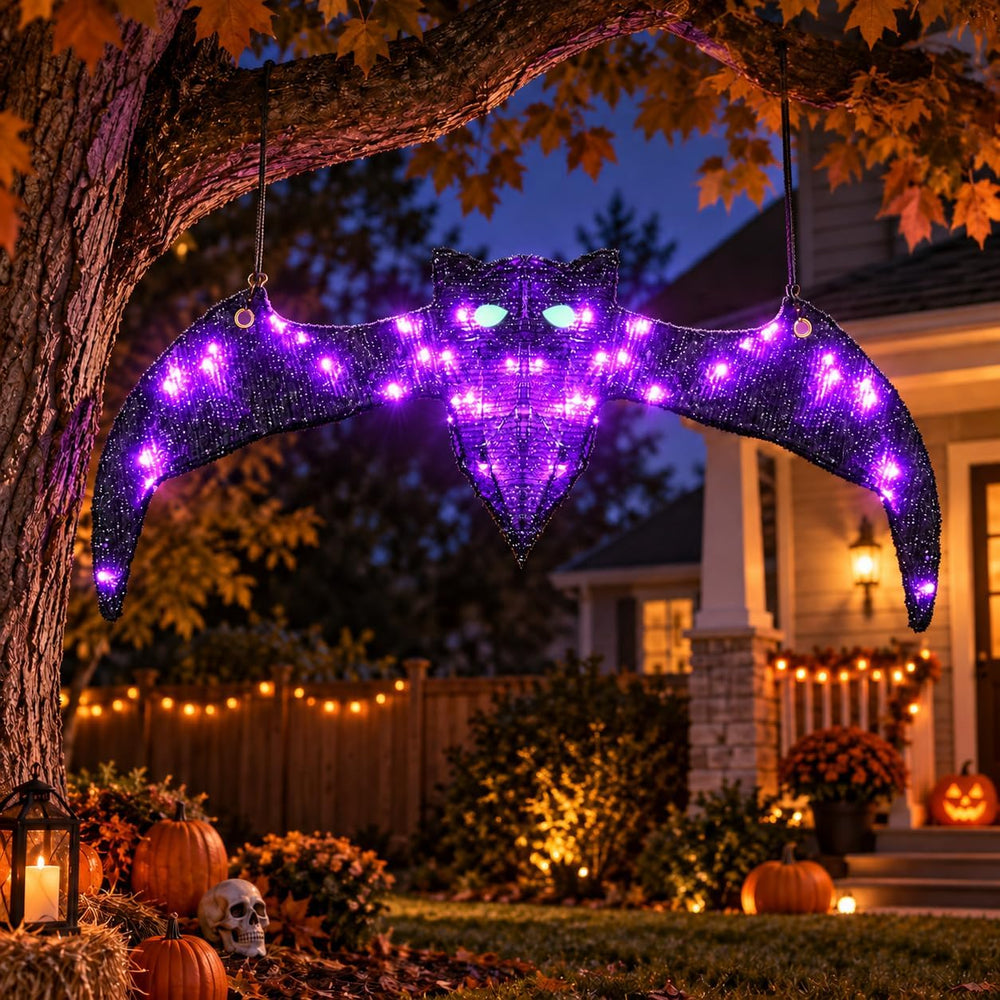 Lighted Hanging Bat Halloween Window Decorations, Large Spooky Glowing Purple...