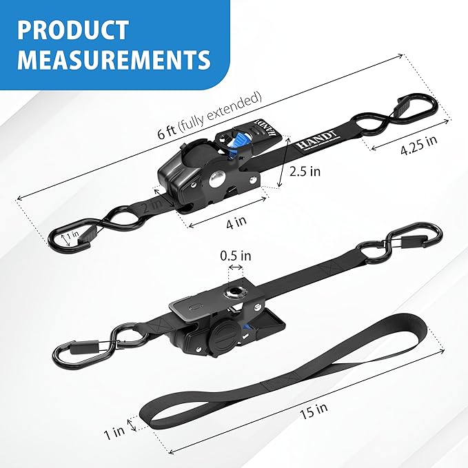 HandT USA Based Retractable Ratchet Straps 1in x 6ft (4PK)