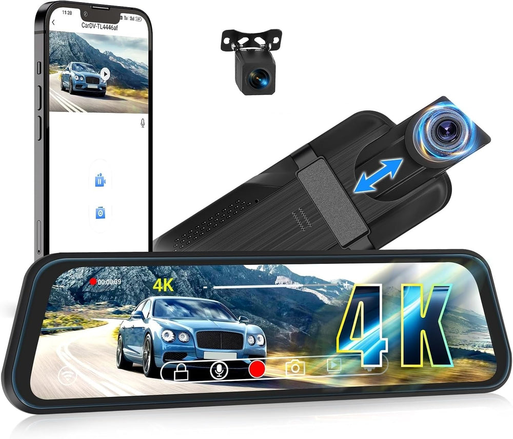 CAMECHO 4K Mirror Dash Cam Front and Rear, WiFi Rear View Mirror Camera, 9.66...
