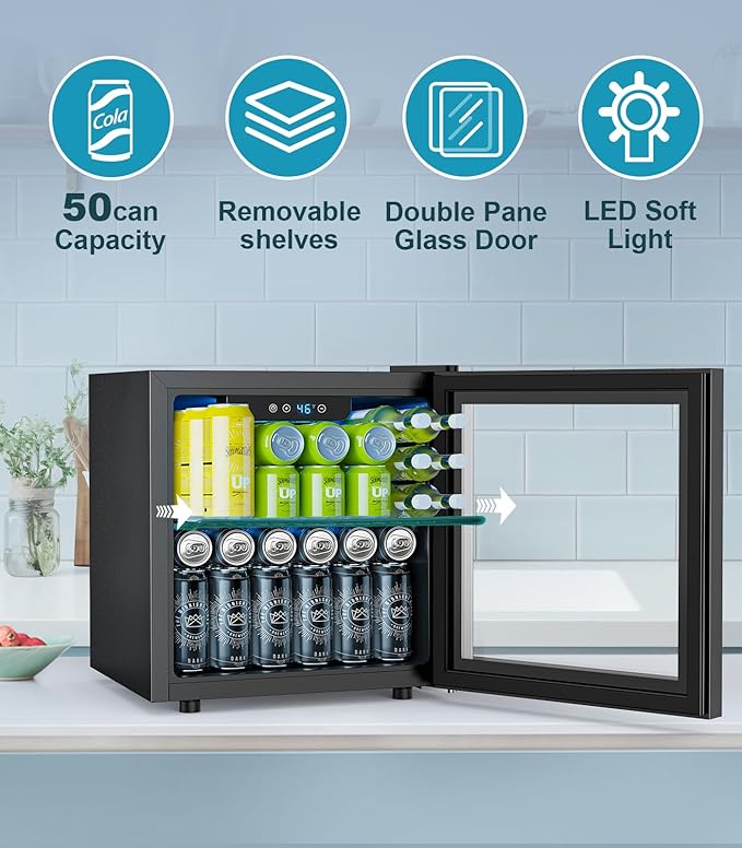 50 Cans Beverage Refrigerator Cooler, 1.3 Cu.ft Mini Fridge Countertop Drink