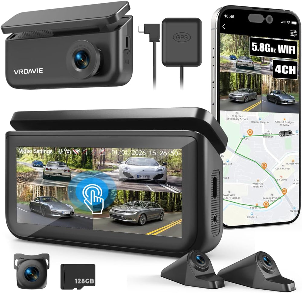 4 Channel 360ยฐ Dash Cam Detached Side Cameras, 4" Touch Screen