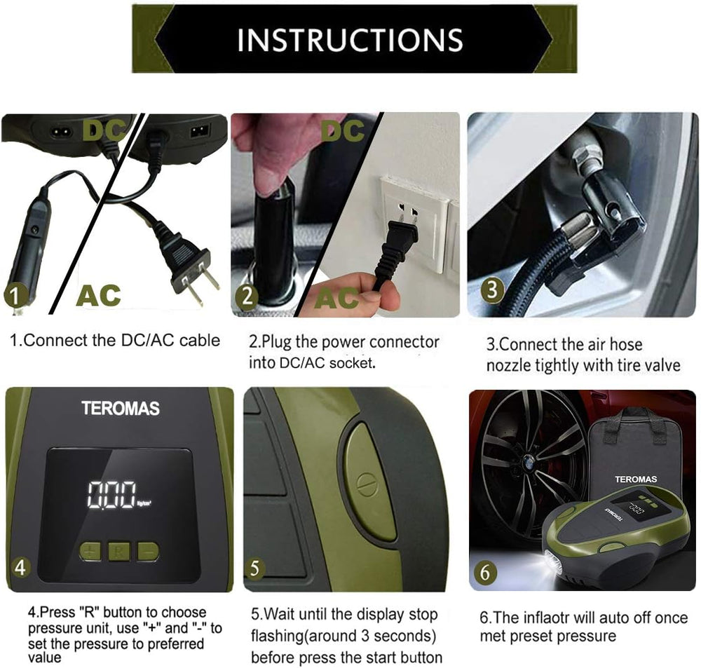 Tire Inflator Portable Air Compressor, Air Pump DC/AC for Car Tires 12V DC an...