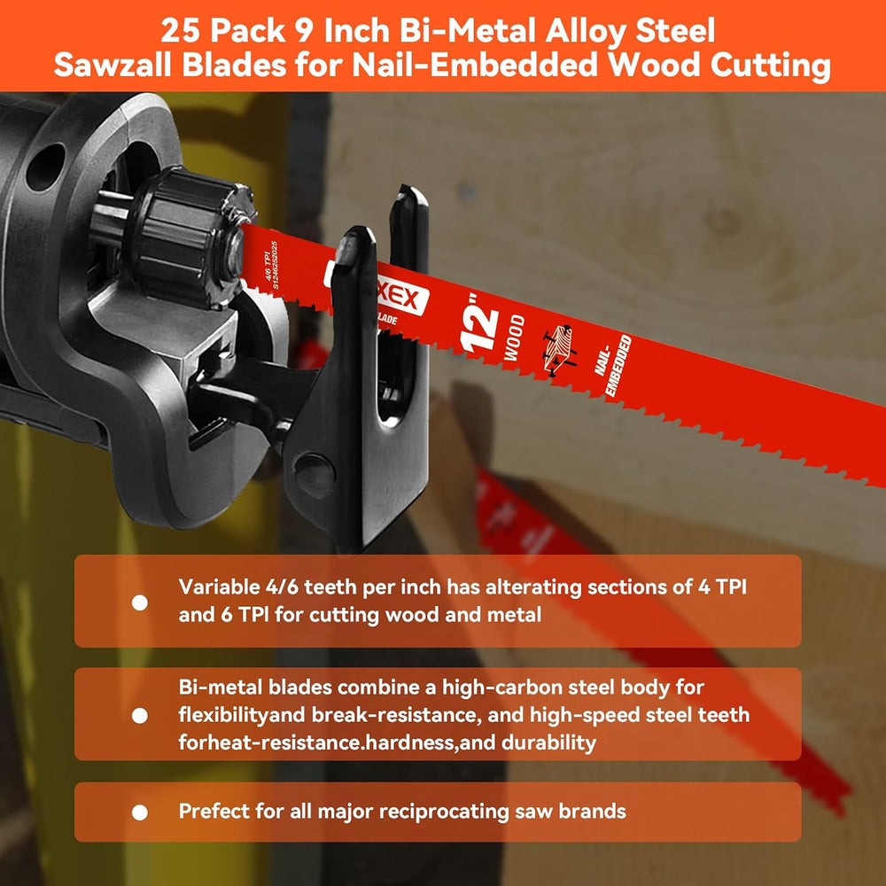 25 Pack 12 Inch 4/6 TPI Reciprocating Saw Blades for Wood and Nail-Embedded W...