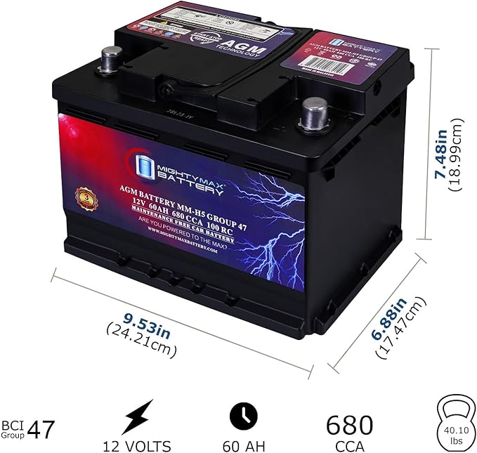 Mighty Max Battery MM-H5 Start and Stop Car BCI Group Size 47 12V 60 AH
