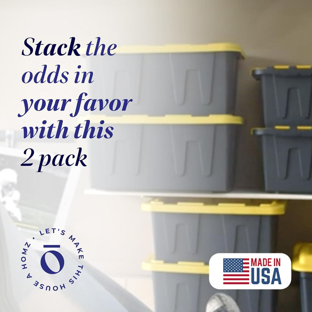 HOMZ Durabilt Plastic Storage Bins with Lids, 15 Gal, Black/Yellow, 2 Pack