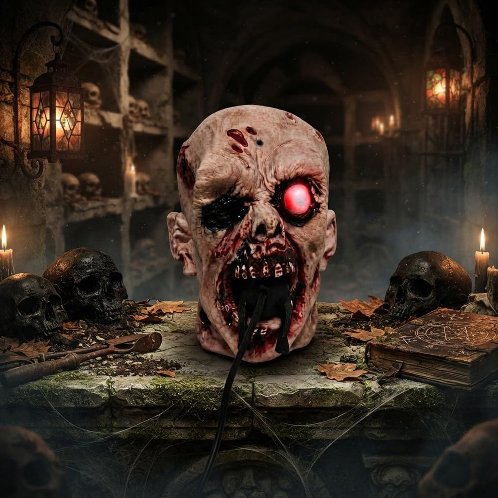 Realistic Zombie Head Sculpture - Halloween Horror Decor with Glowing LED Eye