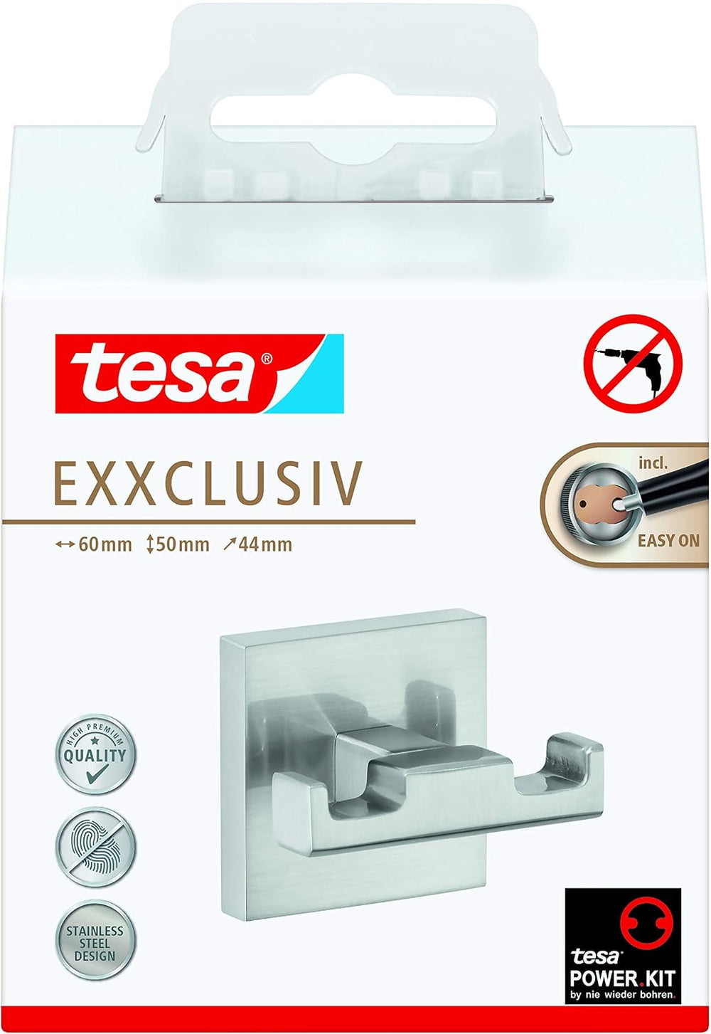tesa EXXCLUSIV Double Robe Hook - Self-Adhesive Bathrobe Hook in Stainless-St...