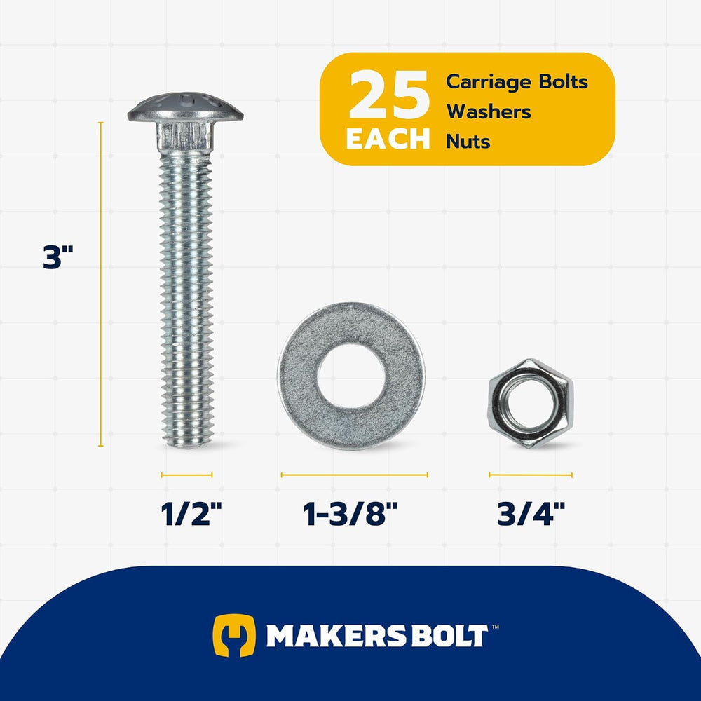 1/2" x 3" (25 Pack) Zinc Carriage Bolt Kit, Grade 307A by Makers Bolt