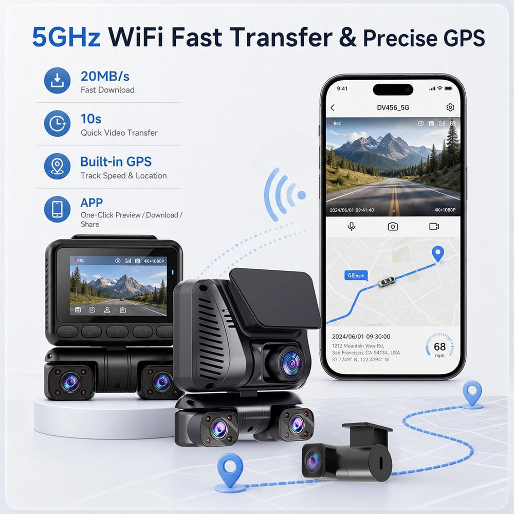 4K 4 Channel Dash Cam Front and Rear Inside Left Right, 360ยฐ View Wireless Ca...
