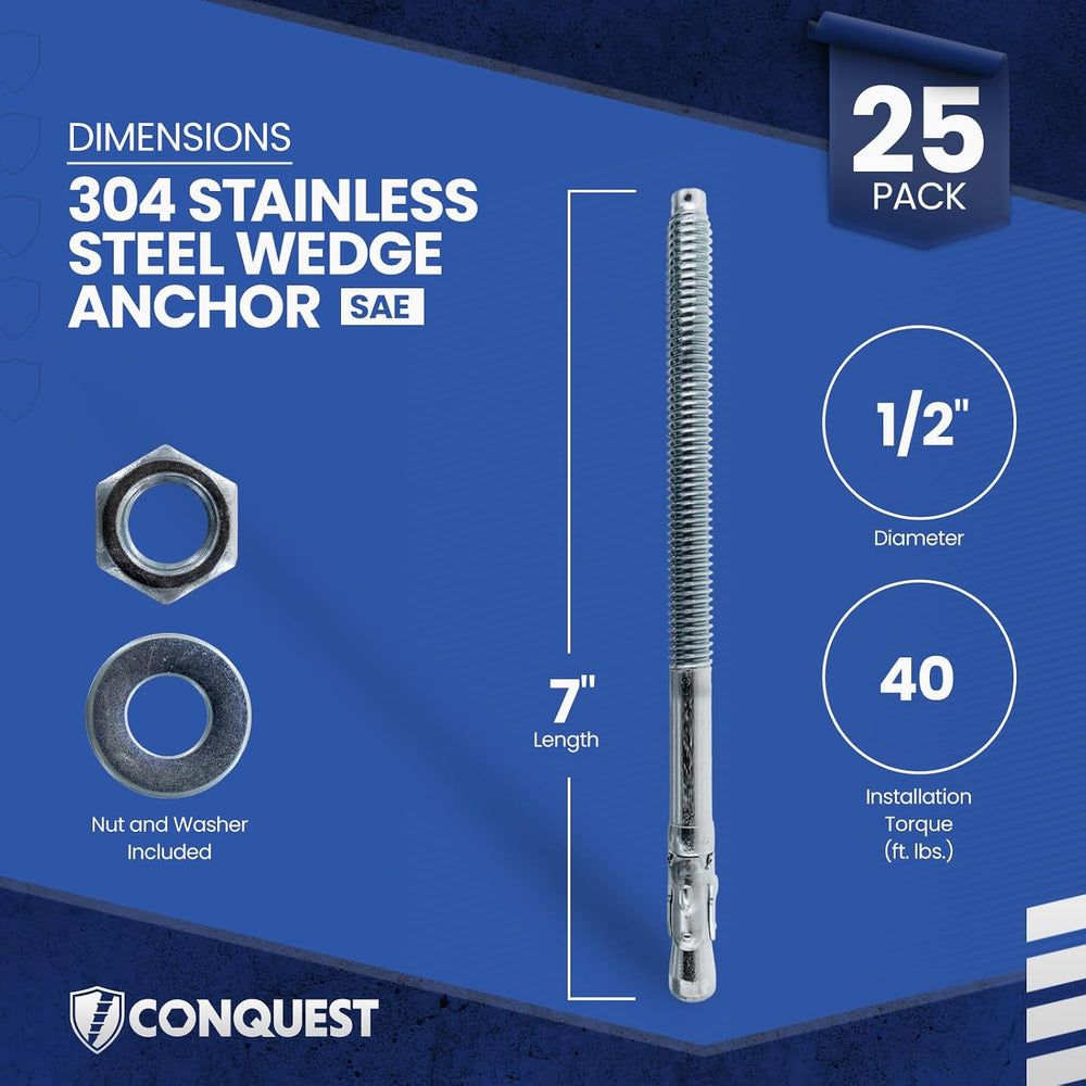 Conquest 304 Stainless Steel Wedge Anchors for Concrete 1/2” x 7”