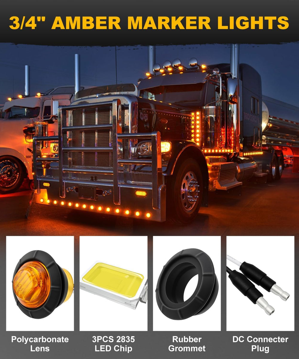 50 Pcs 3/4" Amber LED Marker Lights w/Plug + Female 2-Prong Wire