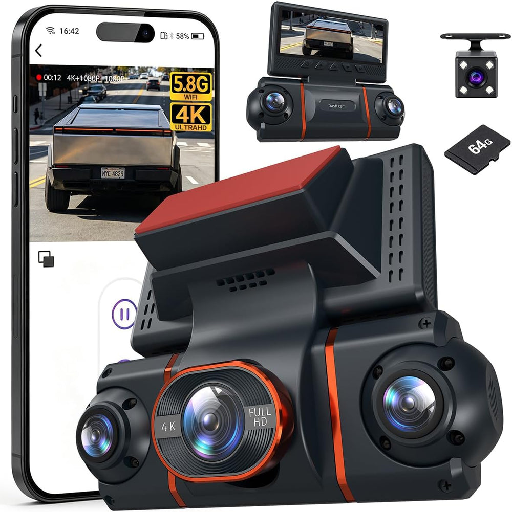 4K+1080P*3 FHD Dash Cam Front and Rear, 360ยฐ Car Camera, 5.8GHz WiFi 20MB/s