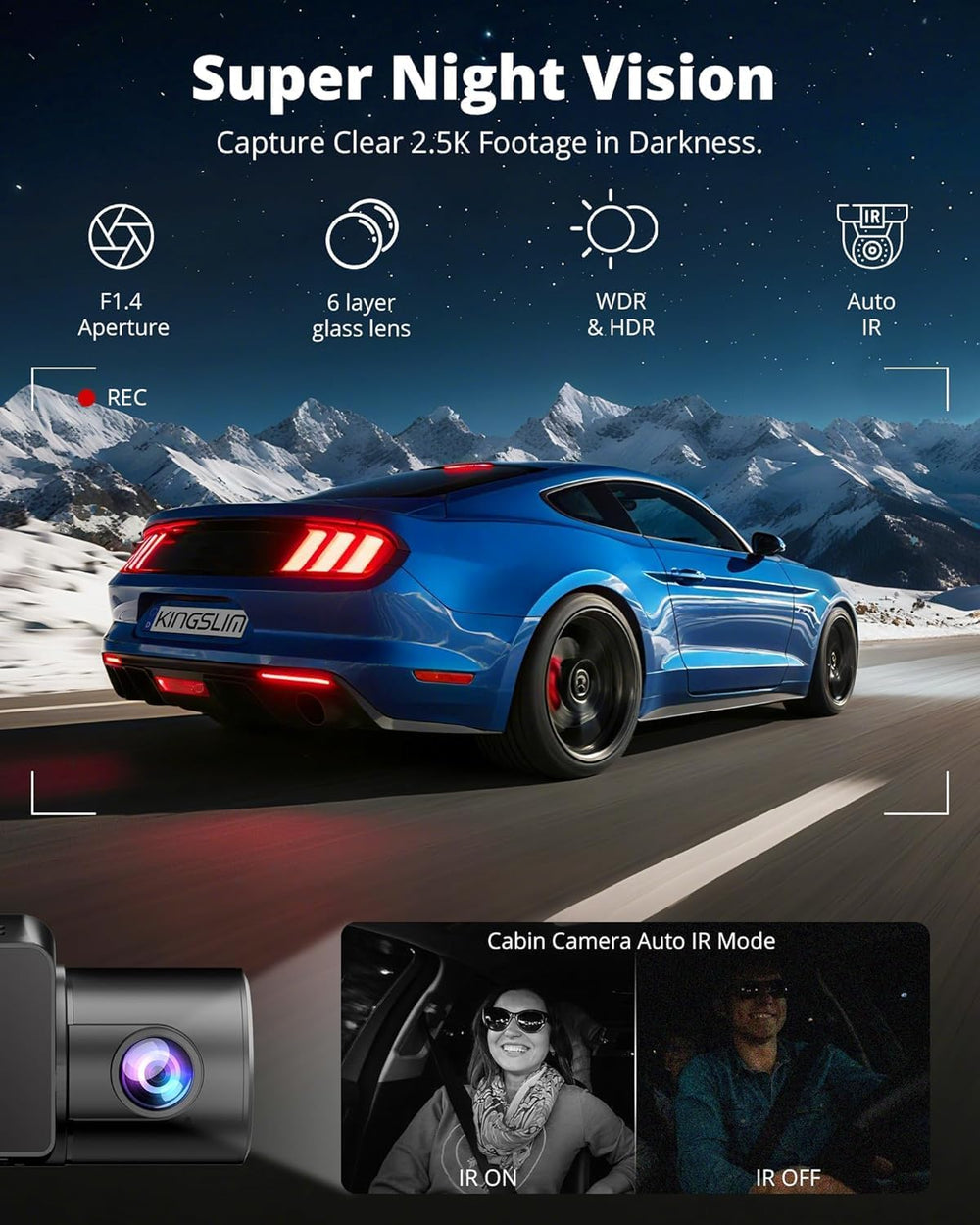 Kingslim 3 Channel 5G WiFi Dash Cam with 64GB Card, 2.5K/1080P Front and Rear...