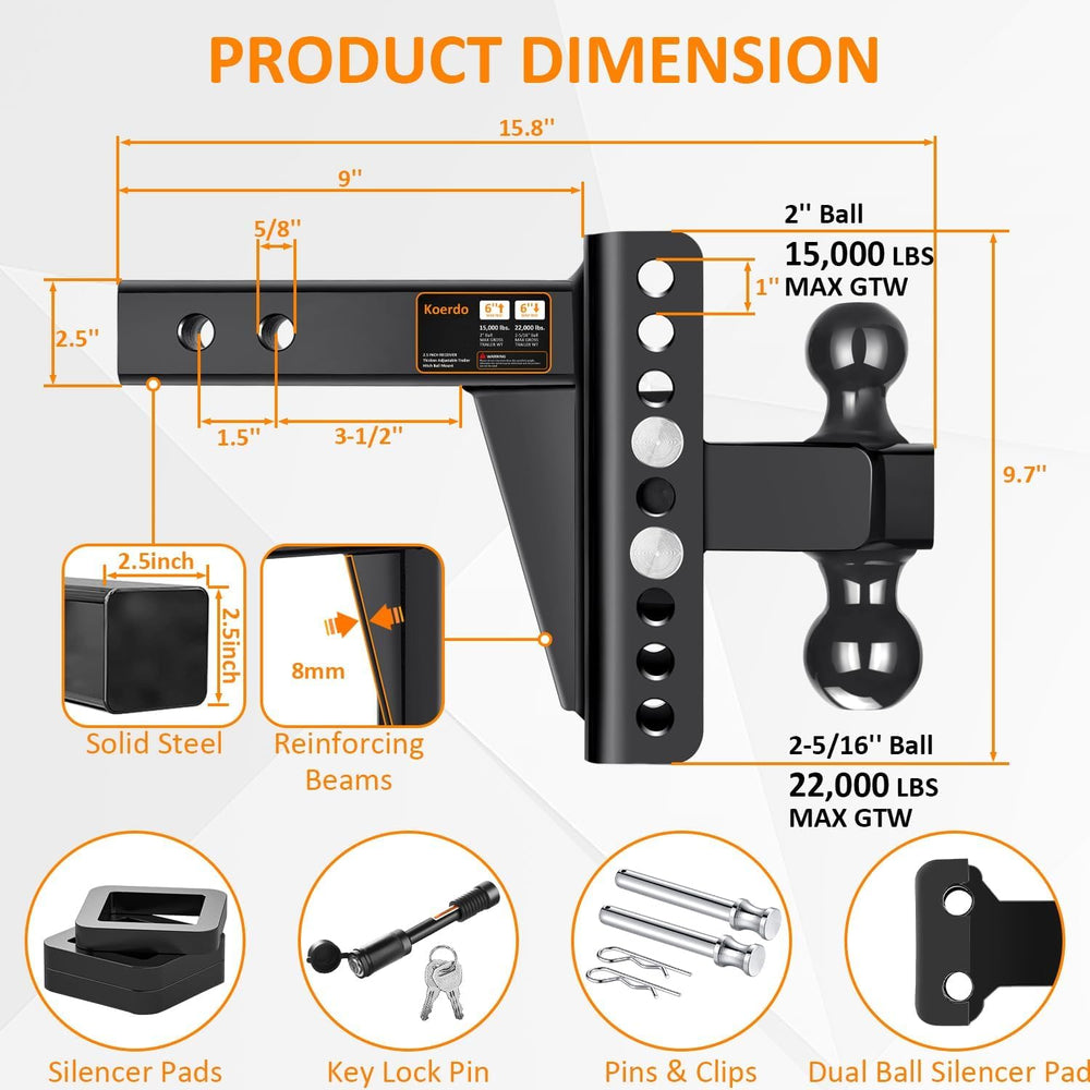 Adjustable Trailer Hitch Fits 2.5" Receiver, Drop Hitch & Tow Hitch ...