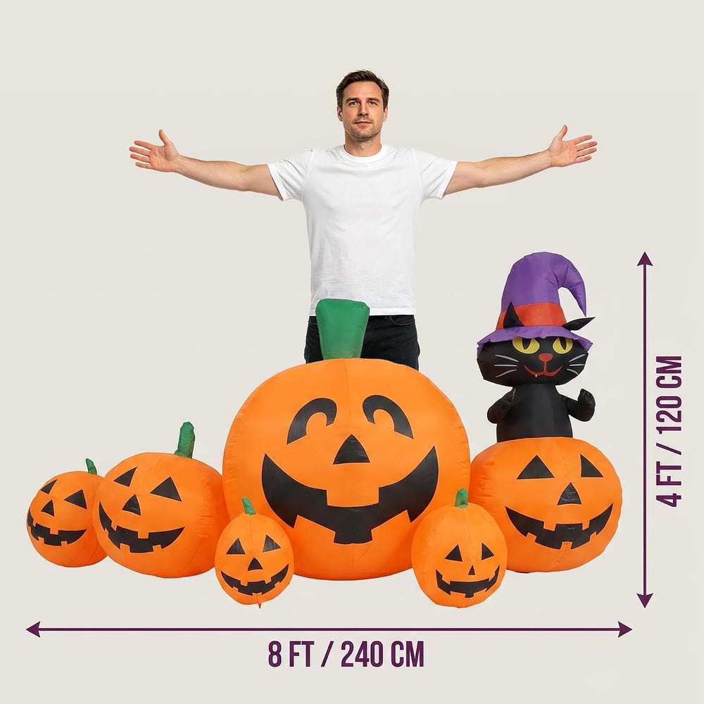 8FT Halloween Inflatable Pumpkin Decor,Witch Hat Black Cat Yard Halloween Par...