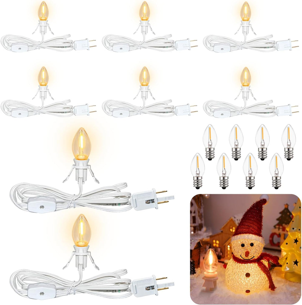 8 Set 6Ft White Lamp Cord with Switch + 16Pcs C7 LED Bulbs, 0.6W Energy Effic...