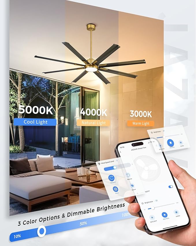 Industrial Ceiling Fan With Light, 72 Inch Black & Gold Ceiling Fan With 8