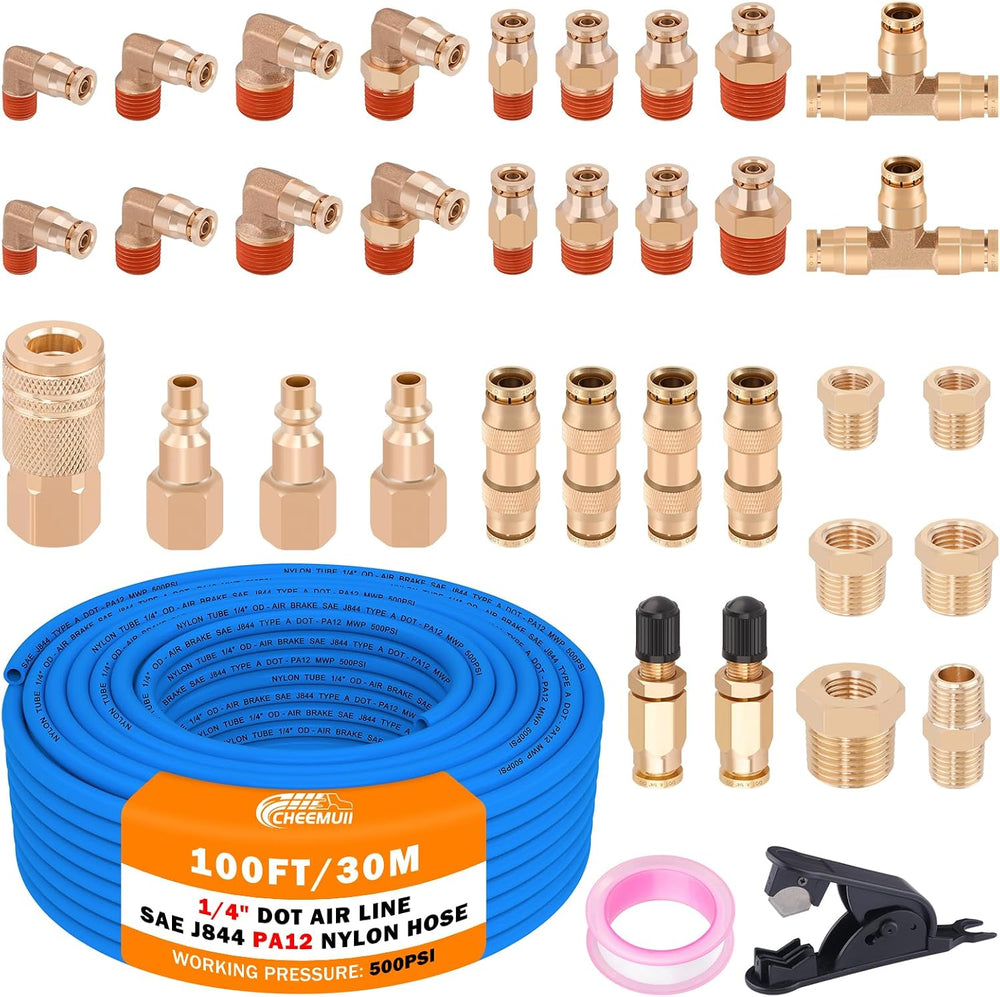 CheeMuii 37Pcs 1/4 Brass DOT Air Line Fittings with 100FT 1/4" DOT Air Line