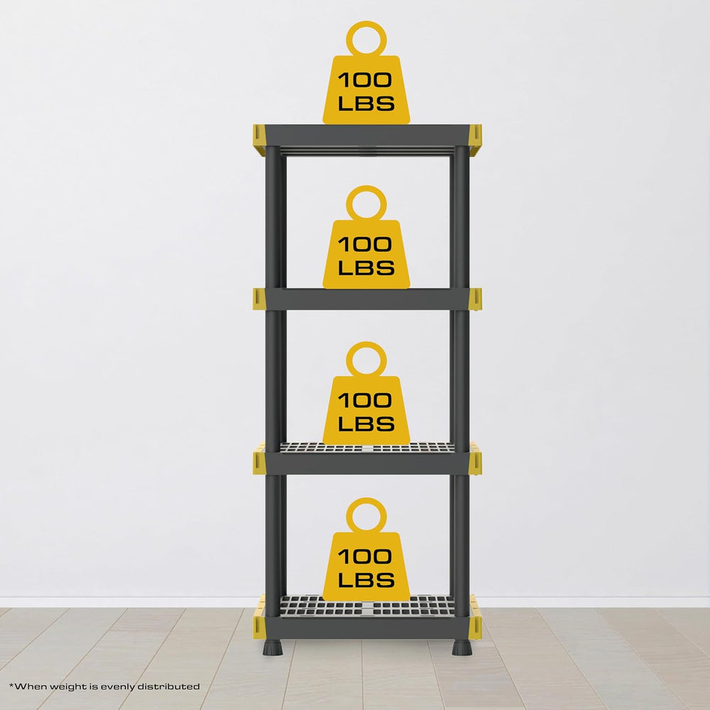 BLACK & YELLOW 4-Tier Plastic Shelving Unit for Garage, 100 lbs/shelf