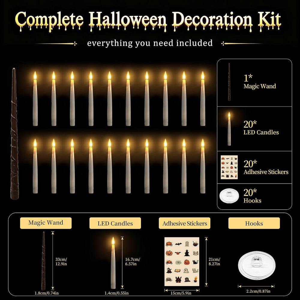 Halloween Floating Candles with Wand, 20 Pcs Flickering LED Hanging Candles