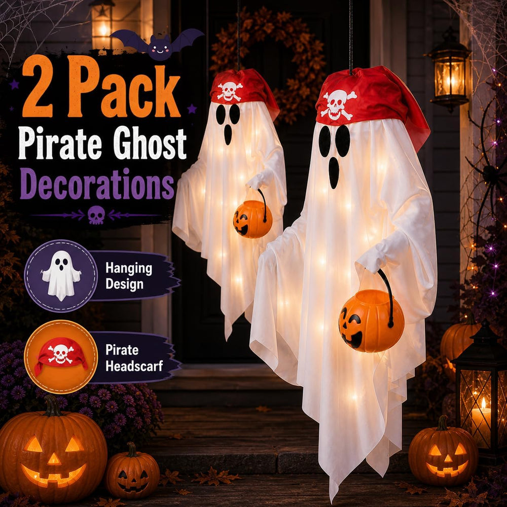 JPXH 2 Pack Hanging Pirate Ghost Decorations with Lights for Halloween