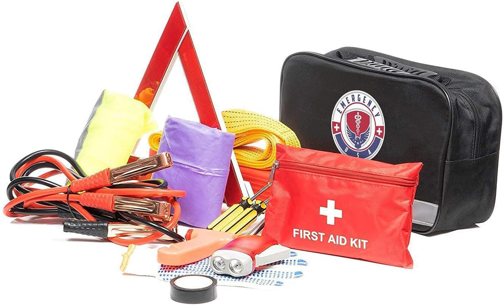 Roadside Car Emergency Kit - First Aid Set, Jumper Cables, Tow Strap, LED Fla...