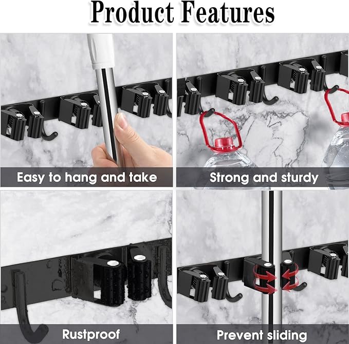 AceMining 2 Pack Black 5 Racks and 4 Hooks Mop and Broom Holder Wall Mount
