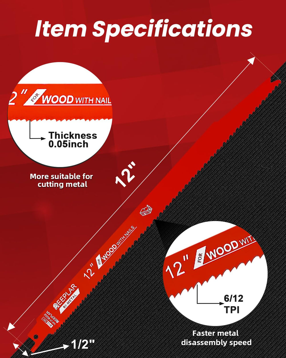 25 Pack 12 Inch 6/12 TPI Reciprocating Saw Blades for Nail-Embedded Wood