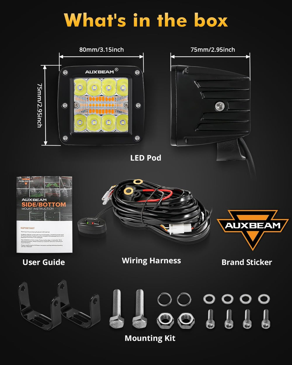 Auxbeam 6 Modes Amber White Series 3-Inch LED Cubes 72W Offroad Pod Lights