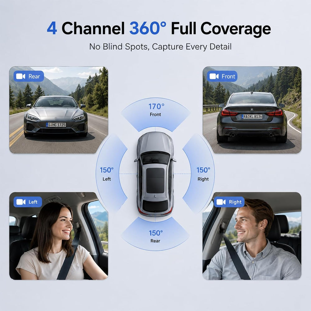 4K 4 Channel Dash Cam Front and Rear Inside Left Right, 360ยฐ View Wireless Ca...