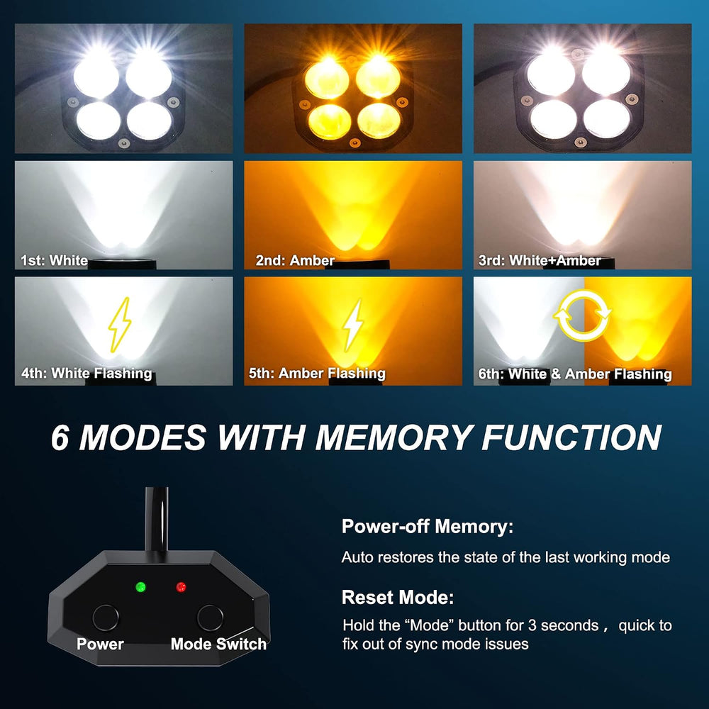 2PCS 3 Inch Spot LED Work Lights White/Amber Flasing Strobe Pods with Six Mod...