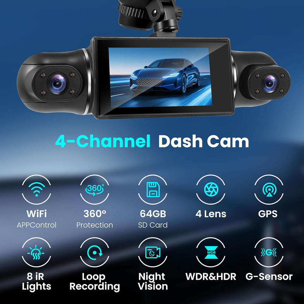 4 Channel Dash Cam 360ยฐ View Front Rear Inside & Left Right,Dash Camera F...