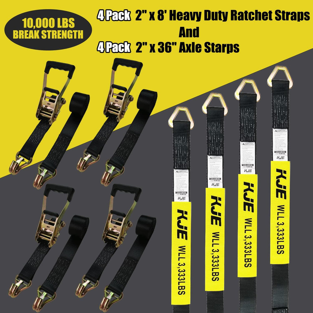 KJE Heavy Duty Car Trailer Tie Down Straps 4 Pack Kit - 2" x 8' Ratc...