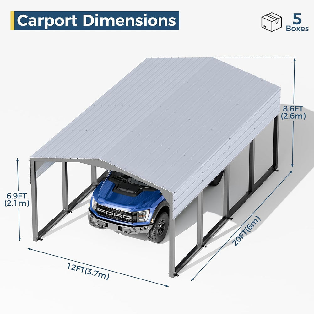 Military-Grade Metal Carport 12x20 FT, Heavy- Duty Galvanized Steel Roof