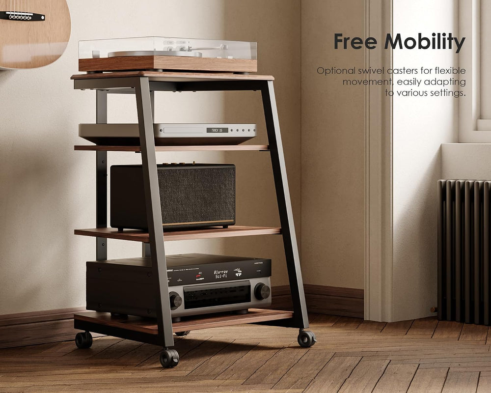 FITUEYES 4-Tier AV Media Stand Corner Shelf for Record Player HiFi, Walnut