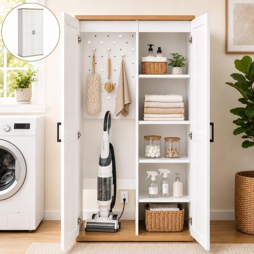 68.9" Wooden Broom Closet Storage Cabinet with Perforated Wood Panel and...
