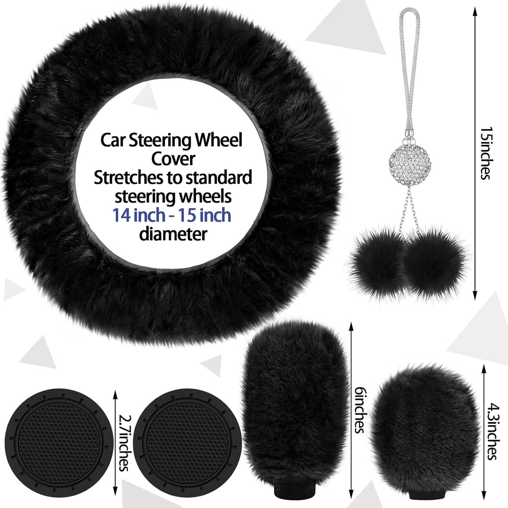 17 Pcs Car Seat Cover Full Set for Women Fluffy Fuzzy, Black
