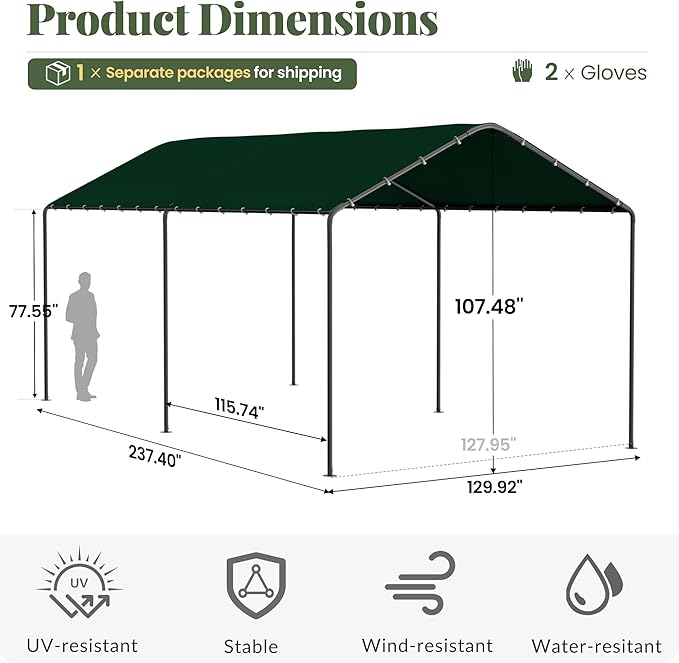 Carport, 10‘ x 20’ Heavy Duty Portable Garage All-Season Car Canopy w/Removable