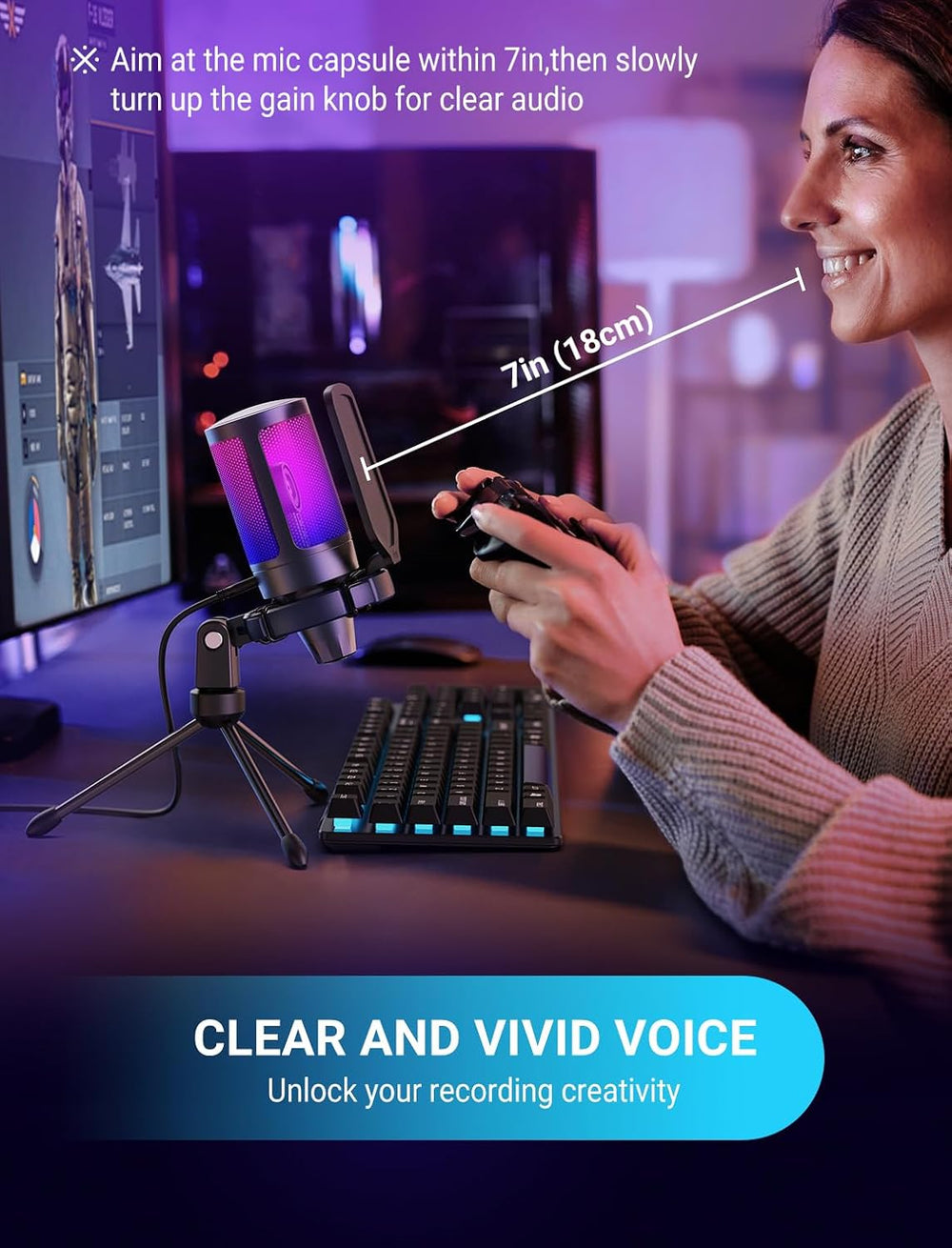 FIFINE AmpliGame A6V USB Gaming Microphone, Condenser RGB Mic for Streaming