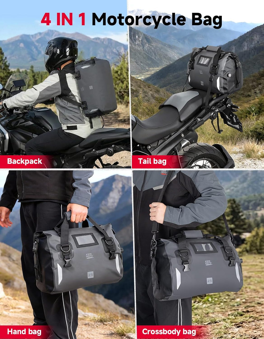 KEMIMOTO Waterproof Motorcycle Dry Bag โ Duffle Tail Bag Soft Luggage, 25L/40...