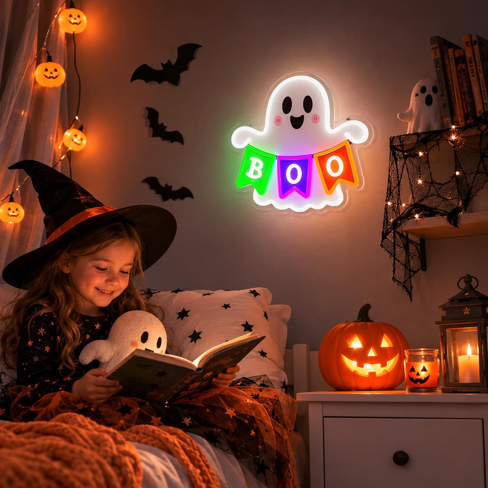 Halloween Ghost Neon Sign BOO Banner LED Neon Light Halloween Party Decor