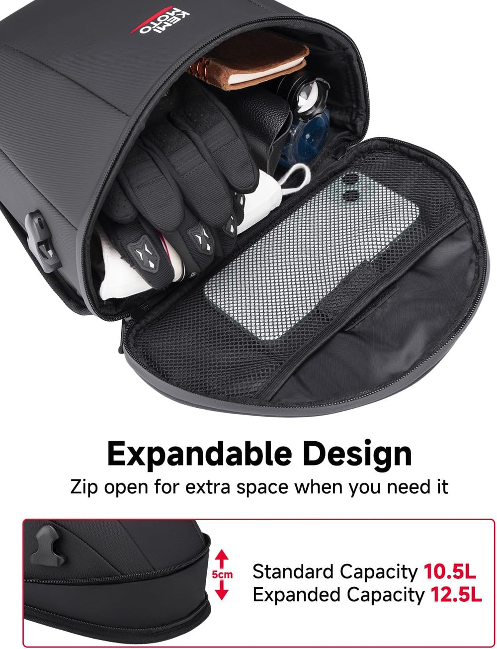 KEMIMOTO Motorcycle Tail Bag, Expandable 10.5L-12.5L Waterproof Motorcycle Re...