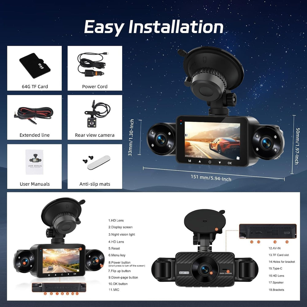 NHOPEEW Dash Cam Front and Rear Inside, 4 Channel Dash Cam 3" IPS Screen...