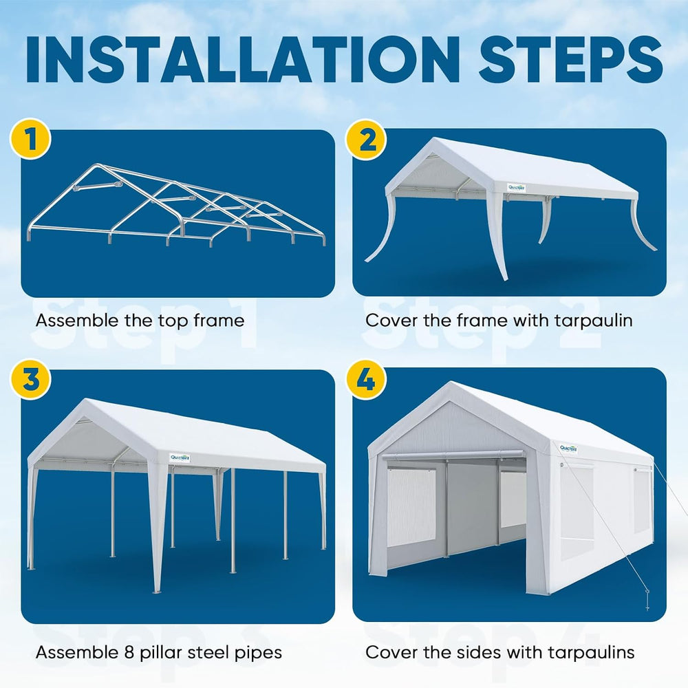 Quictent 10x20 ft Heavy Duty Carport, Reinforced Galvanized Outdoor Garage Ca...