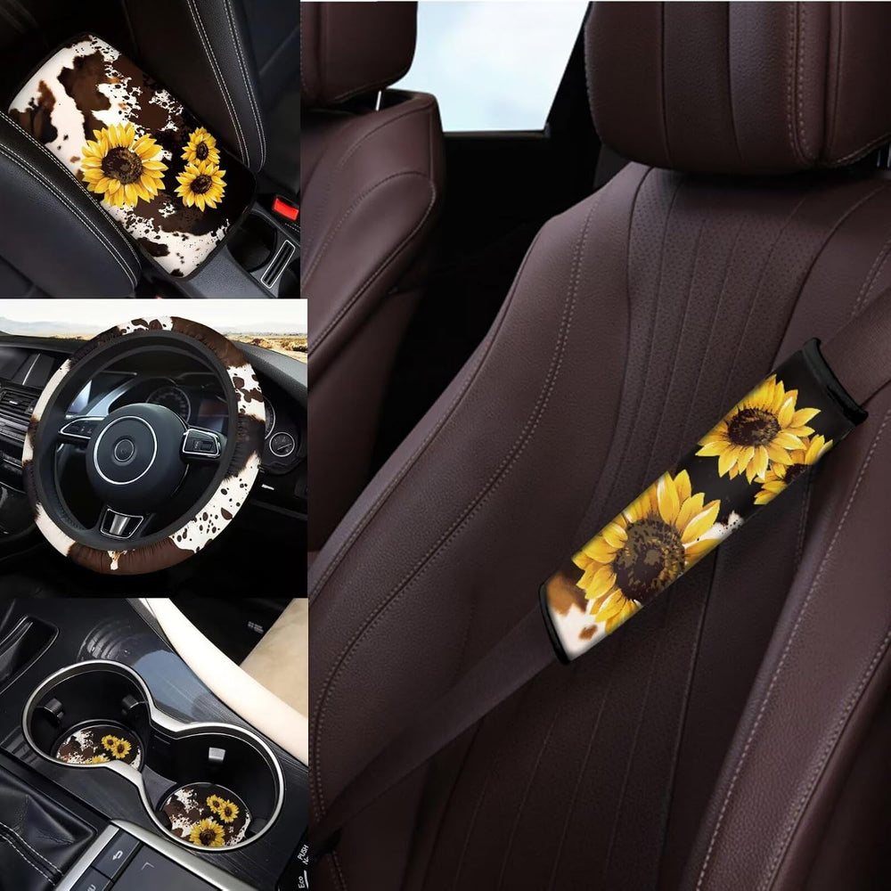 Cute Cow Print Car Accessories Set 14 Pack Sunflower Car Seat Covers Full Set...