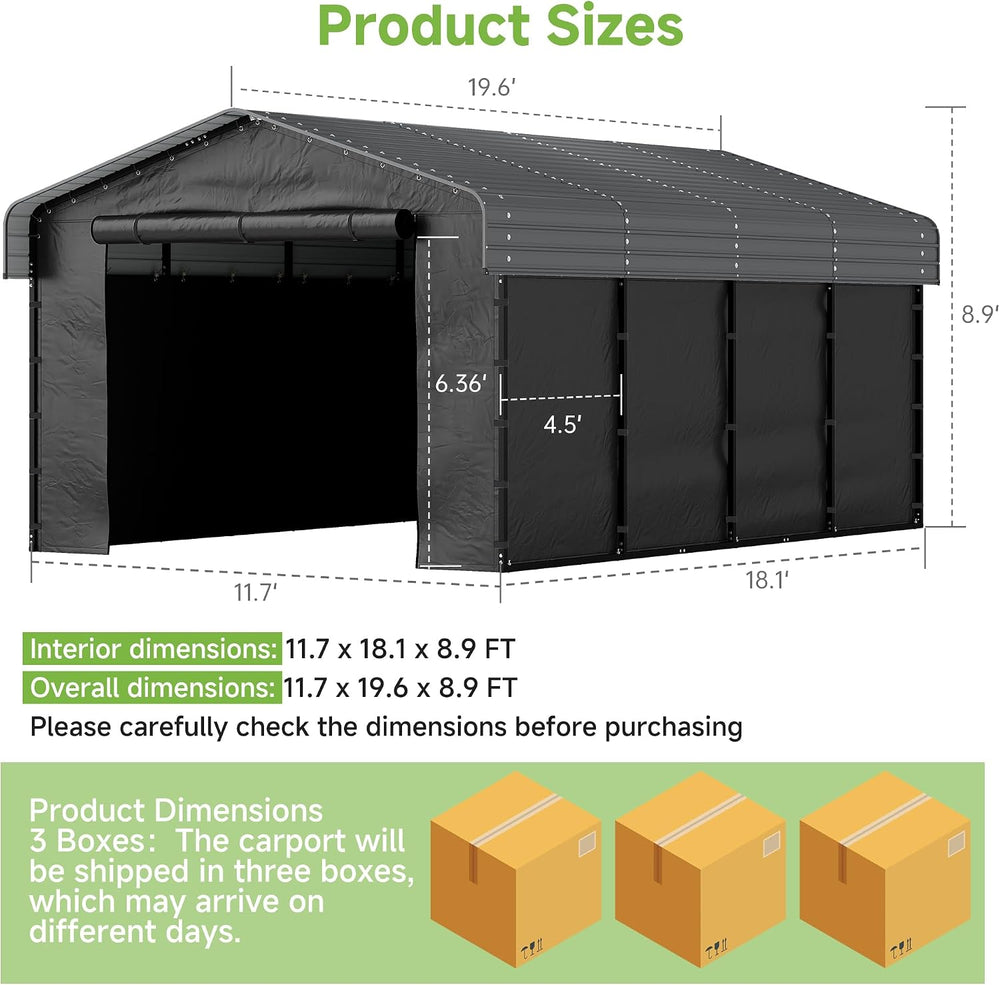 12x20FT Heavy Duty Metal Carport with Removable Sidewalls & Doors, Gray