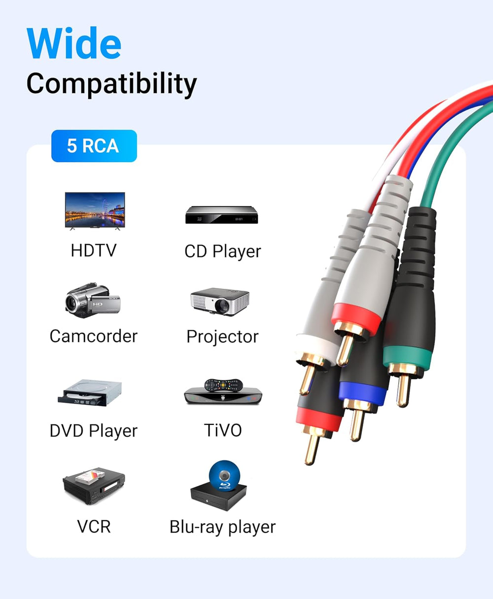 BlueRigger Component Video Cable with Audio (10FT, RCA- 5 Cable, Supports 108...