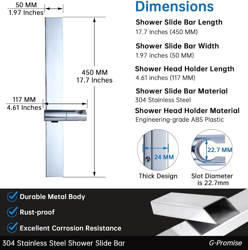 G-Promise No Drilling Metal Shower Slide Bar with Head Holder (Chrome)